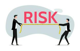 Risk assessment and investigation, analyze potential danger level, two businessmen measure the risk word, risk measurement and weight the risk symbol vector