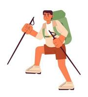 Asian young male hiker climber with trekking poles semi flat colorful vector character. Guy with walking sticks. Editable full body person on white. Simple cartoon spot illustration for graphic design