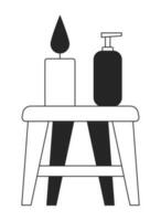 Stool with candles, spa product line art vector cartoon icon. Editorial, magazine spot illustration black and white. Outline object isolated on white. Editable 2D simple drawing, graphic design