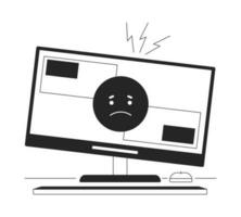 Computer problem bw vector spot illustration. Sad emoticon on cracked display 2D cartoon flat line monochromatic object for web UI design. Broken equipment editable isolated outline hero image