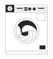 Coin operated washing machine with ocean waves line art vector cartoon icon. Editorial, magazine spot illustration black and white. Outline object isolated on white. Editable 2D simple drawing