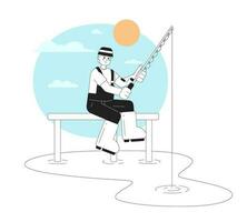 Fishing in morning monochrome vector spot illustration. Fisherman with spinning 2D flat bw cartoon character for web UI design. Summertime recreational activity isolated editable hand drawn hero image