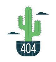 Potted cactus plant in clouds error 404 flash message. Wild west. Succulent houseplant. Empty state ui design. Page not found popup cartoon image. Vector flat illustration concept on white background