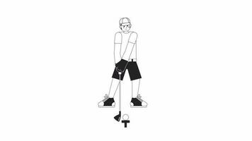 Animated bw golfer in action. Male golfer playing golf isolated 2D animation. Golf country club. Cartoon monochrome thin line character 4K video footage, alpha channel transparency for web design