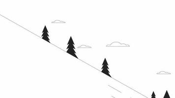 Animated bw ski slope. Snow mountain isolated 2D animation. Ski trail. Riding down. Snow hill. Monochrome thin line cartoon background 4K video footage, alpha channel transparency for web design