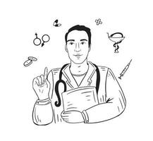 doctor, medicamento, cuidado de la salud concepto. joven sonriente hombre médico terapeuta en blanco uniforme dibujos animados personaje soportes y muestra un idea con su dedo.vector ilustración vector