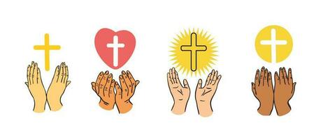 Hands holding a cross and praying.Hands of people from different countries.Hands drawn in doodle style.Vector illustration vector