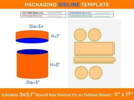 Navidad caja, redondo tapa regalo caja dieline modelo con el dimensión h1 3, re 3, h2 1 pulgada vector