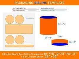 Large box, round lid gift box dieline template with the dimension H1 7.75xD 7.5xH2 1.5 inch vector