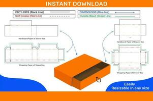 Sleeve drawer box dieline template and 3D box design coloe changeable and editable Box dieline vector