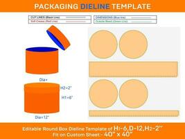 grande redondo caja, redondo tapa regalo caja dieline modelo con el dimensión h1 6, re 12, h2 2 pulgada vector