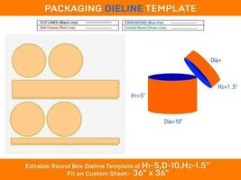 Ice cream box, round lid box dieline template with the dimension H1 5, D 10, H2 1.5 inch vector