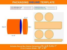 Cream box, round lid box dieline template with the dimension H1 4, D 5, H2 1 inch vector