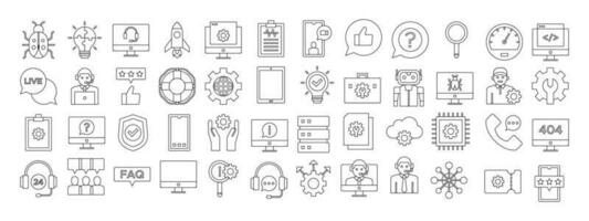 Tech support doodles set. Modern outline elements line icons, graphic design concepts, simple symbols collection. Vector line icons