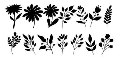 Set of minimal feminine botanical floral branch in silhouette style. Hand drawn wedding herb, minimalistic flowers with elegant leaves. vector