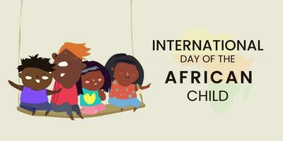 internacional día de africano niño letras, decorado saludo con africano niños jugando felizmente en el columpios vector