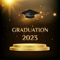 3D graduation 2023 with golden podium, numbers with graduation cap and confetti on background with effect bokeh. Congratulations graduates 2023. Vector illustration for degree ceremony design.