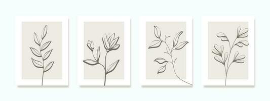 Minimalistic hand-drawn wall art featuring a single flower and leaves in a beige paintbrush outline design. vector