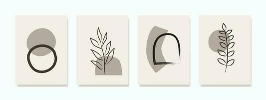 Contemporary boho wall art with illustrations of leaves. The hand-drawn shapes are placed against a beige background, creating a harmonious blend of modernity and bohemian allure. vector