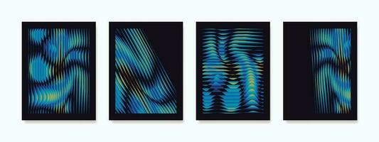 Abstract wall art, mesmerizing blue gradient wavy line pattern on dark background. The composition creates abstract illusions, engaging imagination and adding a touch of intrigue to any space. vector