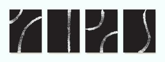 A mesmerizing white ink wave doodle wall art gracefully creates a captivating line pattern against a striking dark black background. vector
