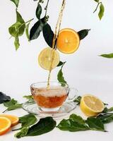 different types of fresh raw green tea leaf flower bud dropping floating elevated lemon orange slice over transparent glass teacup saucer pouring dripping liquid tea on white background photo