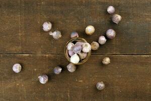 Small solo single clove garlic monobulb garlic single bulb garlic pearl garlic rustic wood background photo