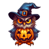 Cute funny owl with witch hat in Jack o lantern pop art style, owl with witch hat Sticker, . png