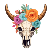 watercolor Longhorn Bull Skull and Flower, . png