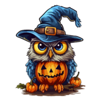 Cute funny owl with witch hat in Jack o lantern pop art style, owl with witch hat Sticker, . png