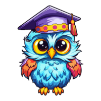 hibou l'obtention du diplôme la cérémonie oiseau dessin animé, l'obtention du diplôme robe, animaux, carré académique casquette, coloré capricieux hibou moderne pop art style, capricieux hibou illustration, Facile Créatif conception, ai généré. png