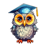 hibou l'obtention du diplôme la cérémonie oiseau dessin animé, l'obtention du diplôme robe, animaux, carré académique casquette, coloré capricieux hibou moderne pop art style, capricieux hibou illustration, Facile Créatif conception, ai généré. png