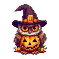 Cute funny owl with witch hat in Jack o lantern pop art style, owl with witch hat Sticker, . png