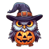 Cute funny owl with witch hat in Jack o lantern pop art style, owl with witch hat Sticker, . png