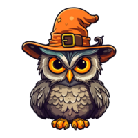 Cute funny owl with witch hat in Jack o lantern pop art style, owl with witch hat Sticker, . png