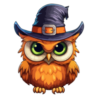 Cute funny owl with witch hat in Jack o lantern pop art style, owl with witch hat Sticker, . png