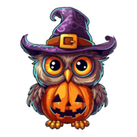 Cute funny owl with witch hat in Jack o lantern pop art style, owl with witch hat Sticker, . png