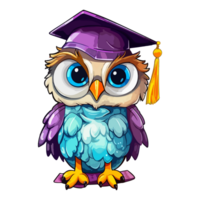 hibou l'obtention du diplôme la cérémonie oiseau dessin animé, l'obtention du diplôme robe, animaux, carré académique casquette, coloré capricieux hibou moderne pop art style, capricieux hibou illustration, Facile Créatif conception, ai généré. png