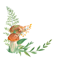 waterverf Woud hoek samenstelling. porcini paddestoelen, groen takken, geel bloemen. botanisch hand- getrokken illustratie. voor groet kaarten, affiches, stickers afdrukken, ontwerp en decoratie. png