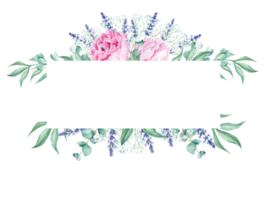 Watercolor horizontal frame, pink peonies, eucalyptus, gypsophila and lavender branches. Hand drawn botanical illustration. For wedding, greeting cards, baby shower, banners, blog templates, logos. png