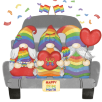 Group of three cute Gnomes with Truck Pride month Digital painting watercolor png