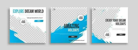 Set of travel sale social media post template. Web banner, flyer or poster for travelling agency business offer promotion. Holiday and tour advertisement banner design vector