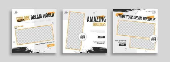 Set of travel sale social media post template. Web banner, flyer or poster for travelling agency business offer promotion. Holiday and tour advertisement banner design vector