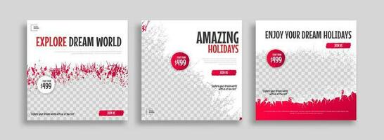 Set of travel sale social media post template. Web banner, flyer or poster for travelling agency business offer promotion. Holiday and tour advertisement banner design vector