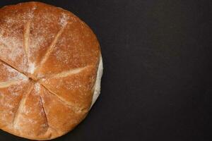 Freshly baked bread loaf round on black background photo