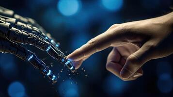 Robot and human hands touch each other. Generative AI. photo
