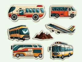 Collection of Transport Like As Bus, Airplane And Mountain Icons In Sticker Style. vector