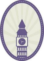 Isolated Big Ben With Rays On Oval Background In Violet And Grey Color. vector