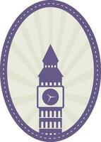 Isolated Big Ben With Rays On Oval Background In Violet And Grey Color. vector