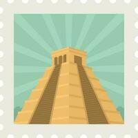 Orange Mayan Temple With Green Rays Background For Stamp Or Ticket Design. vector